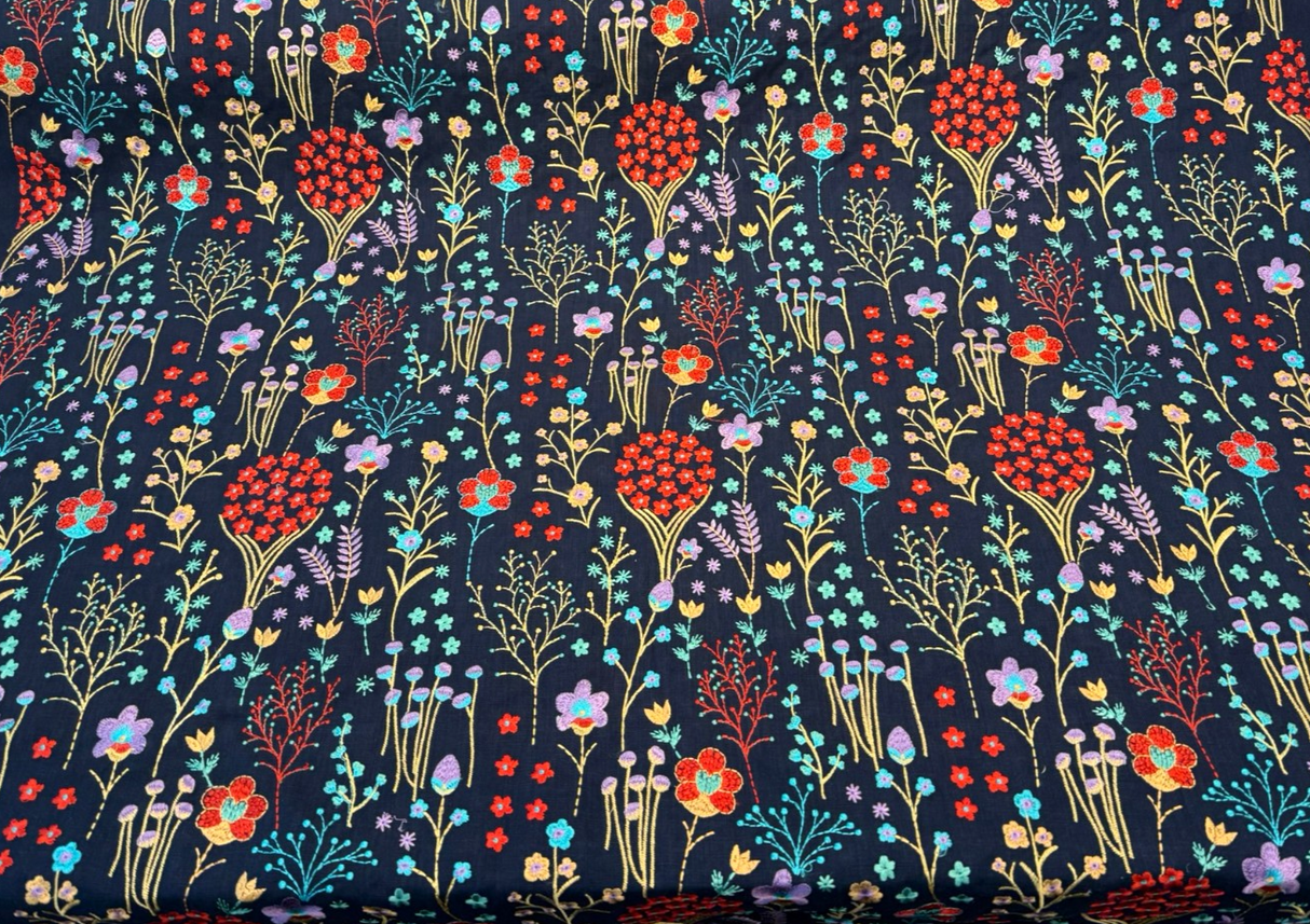 Floral Feast Embroidered Cotton Fabric - Twilight Blue, Embroidered Floral, 55" Width (1 Yard)