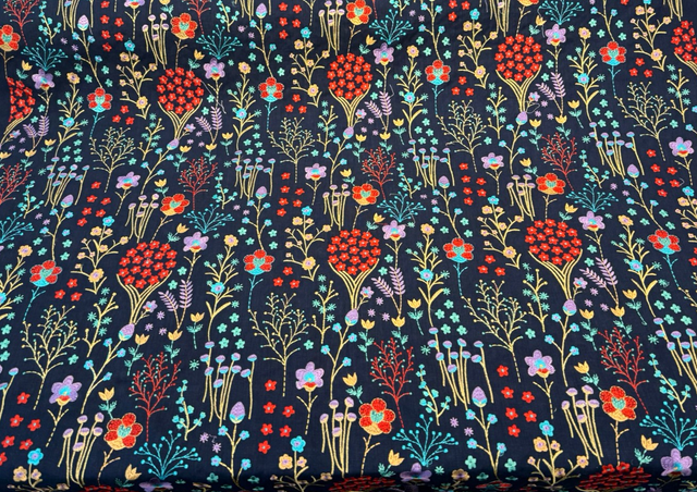 Floral Feast Embroidered Cotton Fabric - Twilight Blue, Embroidered Floral, 55" Width (1 Yard)