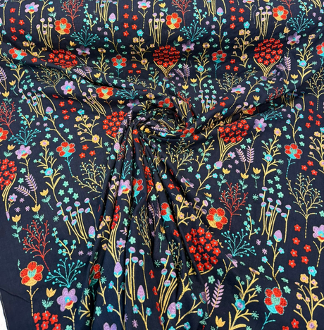 Floral Feast Embroidered Cotton Fabric - Twilight Blue, Embroidered Floral, 55" Width (1 Yard)