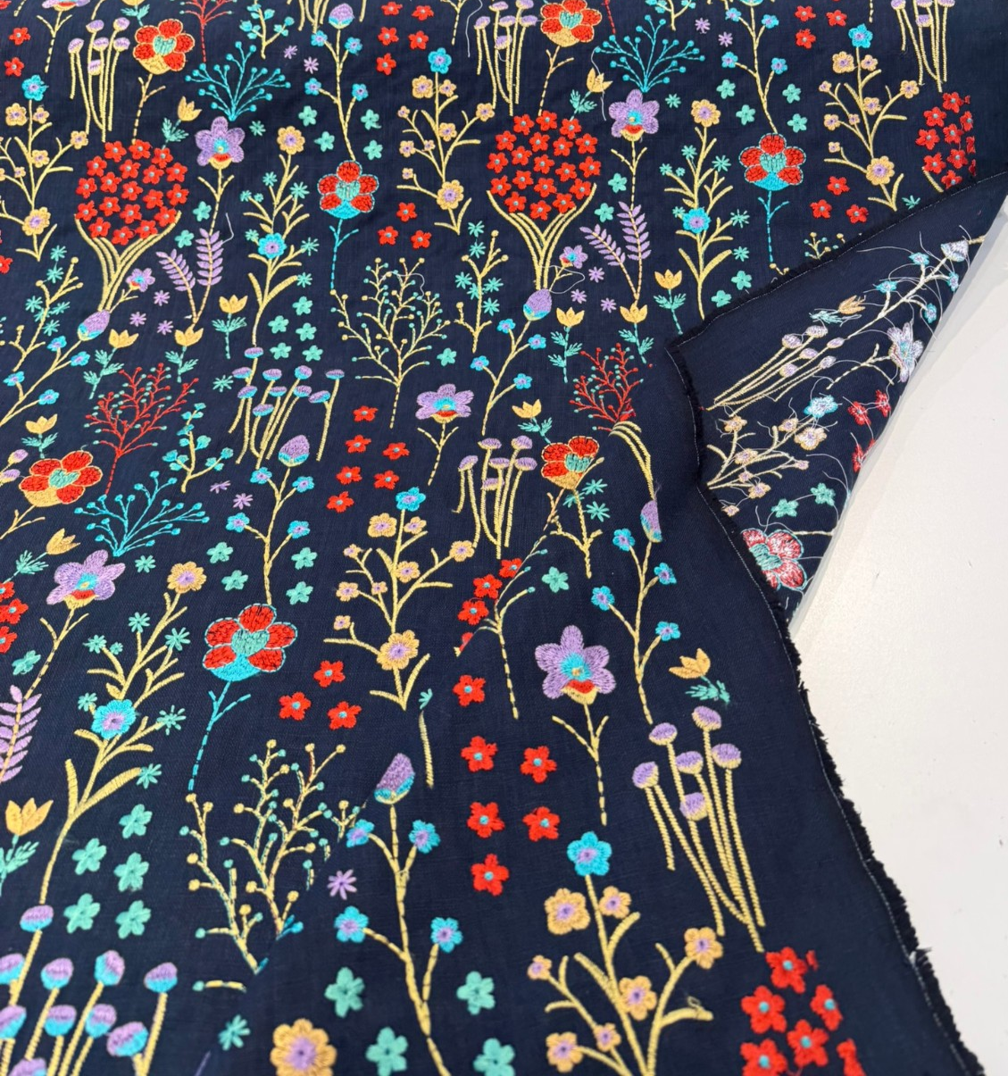 Floral Feast Embroidered Cotton Fabric - Twilight Blue, Embroidered Floral, 55" Width (1 Yard)