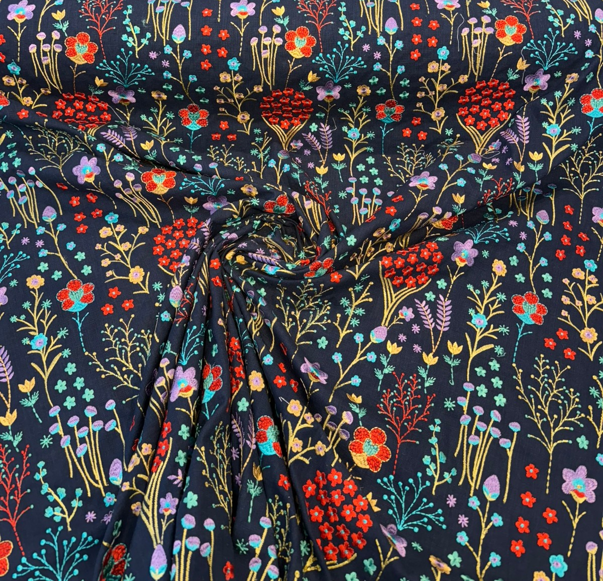 Floral Feast Embroidered Cotton Fabric - Twilight Blue, Embroidered Floral, 55" Width (1 Yard)