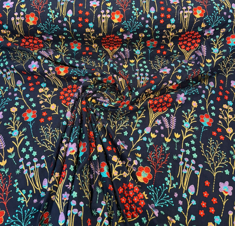 Floral Feast Embroidered Cotton Fabric - Twilight Blue, Embroidered Floral, 55" Width (1 Yard)