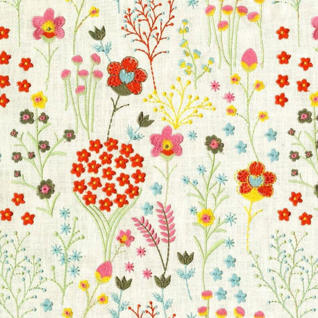 Floral Feast Emb Spring PK Embroidered Cotton Fabric - Embroidered Floral, White, 55" Width (1 Yard)