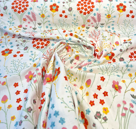 Floral Feast Emb Spring PK Embroidered Cotton Fabric - Embroidered Floral, White, 55" Width (1 Yard)
