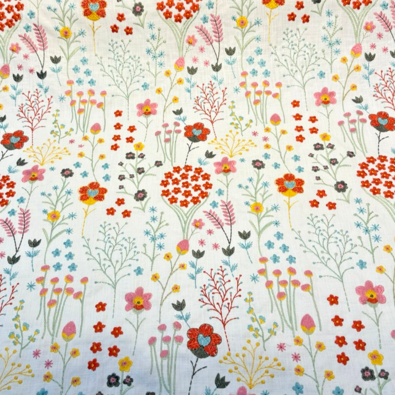 Floral Feast Emb Spring PK Embroidered Cotton Fabric - Embroidered Floral, White, 55" Width (1 Yard)