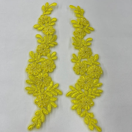 1 Pair 9.5" x 2" Each Side Beaded & Corded Floral Lace Applique Embroidered on 100% Polyester Net Mesh