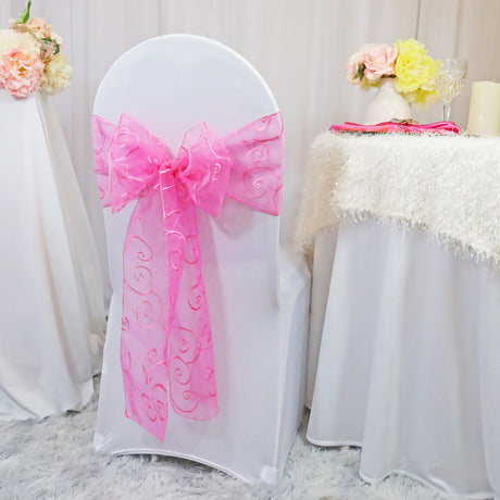 Embroidered Organza Chair Sash Sample 8x108 Bubble Gum