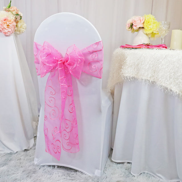 Embroidered Organza Chair Sash Sample 8x108 Bubble Gum