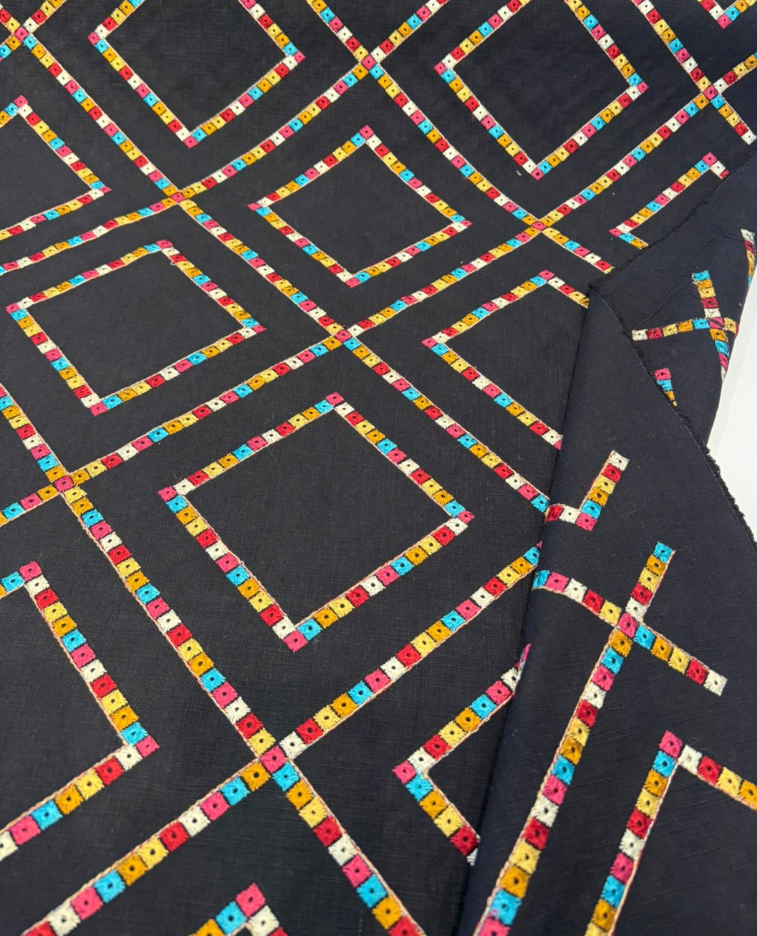 Waverly Beaded Lattice Embroidered Cotton Fabric - Jewel Black Multicolor Diamond Lattice, 55" Width (By The Yard)