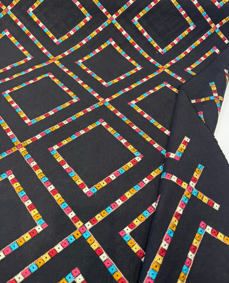 Waverly Beaded Lattice Embroidered Cotton Fabric - Jewel Black Multicolor Diamond Lattice, 55" Width (By The Yard)