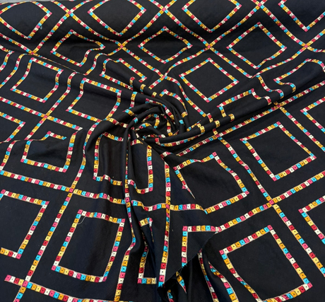 Waverly Beaded Lattice Embroidered Cotton Fabric - Jewel Black Multicolor Diamond Lattice, 55" Width (By The Yard)