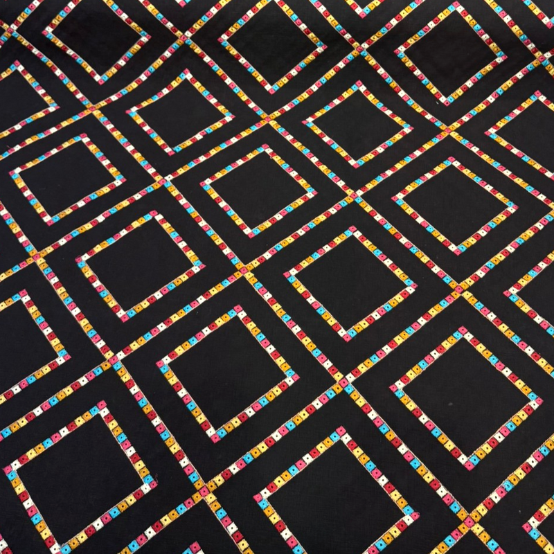 Waverly Beaded Lattice Embroidered Cotton Fabric - Jewel Black Multicolor Diamond Lattice, 55" Width (By The Yard)
