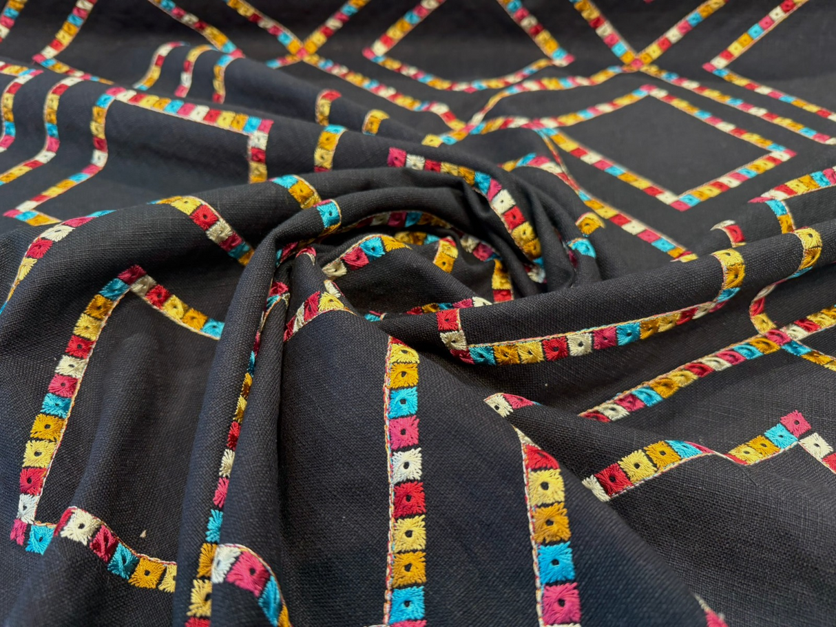 Waverly Beaded Lattice Embroidered Cotton Fabric - Jewel Black Multicolor Diamond Lattice, 55" Width (By The Yard)