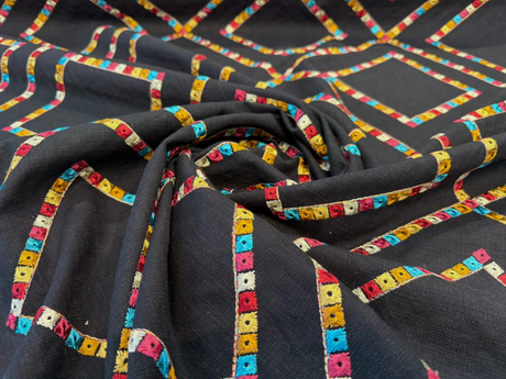 Waverly Beaded Lattice Embroidered Cotton Fabric - Jewel Black Multicolor Diamond Lattice, 55" Width (By The Yard)
