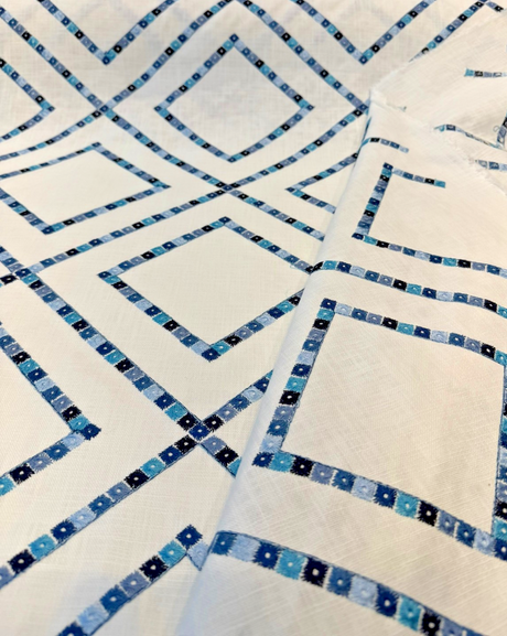 Beaded Lattice Porcelain Blue Emb 410512 Embroidered Cotton Fabric - Porcelain Blue, Diamond Trellis, 55" Width (1 Yard)