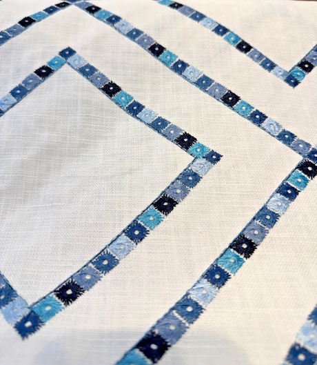 Beaded Lattice Porcelain Blue Emb 410512 Embroidered Cotton Fabric - Porcelain Blue, Diamond Trellis, 55" Width (1 Yard)