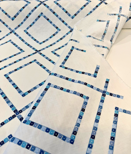 Beaded Lattice Porcelain Blue Emb 410512 Embroidered Cotton Fabric - Porcelain Blue, Diamond Trellis, 55" Width (1 Yard)