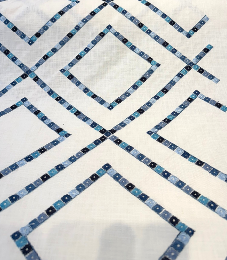 Beaded Lattice Porcelain Blue Emb 410512 Embroidered Cotton Fabric - Porcelain Blue, Diamond Trellis, 55" Width (1 Yard)