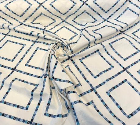 Beaded Lattice Porcelain Blue Emb 410512 Embroidered Cotton Fabric - Porcelain Blue, Diamond Trellis, 55" Width (1 Yard)