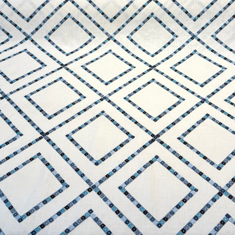 Beaded Lattice Porcelain Blue Emb 410512 Embroidered Cotton Fabric - Porcelain Blue, Diamond Trellis, 55" Width (1 Yard)