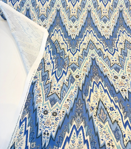 Williamsburg Bray Flamestitch Cotton Fabric - Indigo Blue Flamestitch Chevron With Paisley Floral, 54" Width (1 Yard)