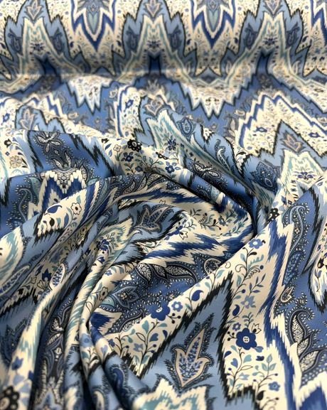 Williamsburg Bray Flamestitch Cotton Fabric - Indigo Blue Flamestitch Chevron With Paisley Floral, 54" Width (1 Yard)