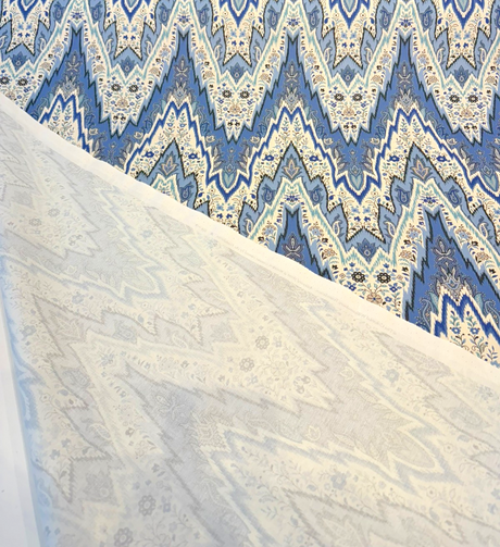 Williamsburg Bray Flamestitch Cotton Fabric - Indigo Blue Flamestitch Chevron With Paisley Floral, 54" Width (1 Yard)