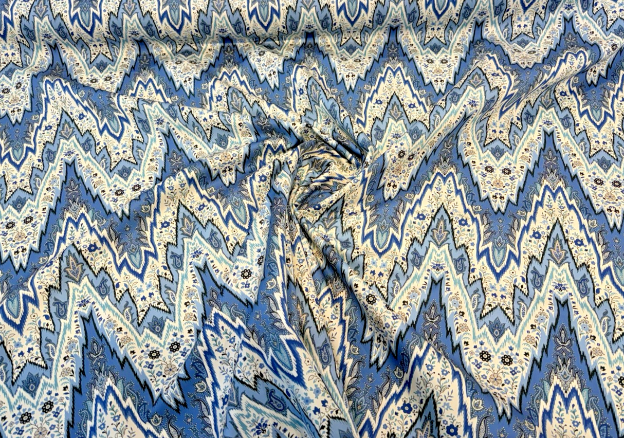 Williamsburg Bray Flamestitch Cotton Fabric - Indigo Blue Flamestitch Chevron With Paisley Floral, 54" Width (1 Yard)