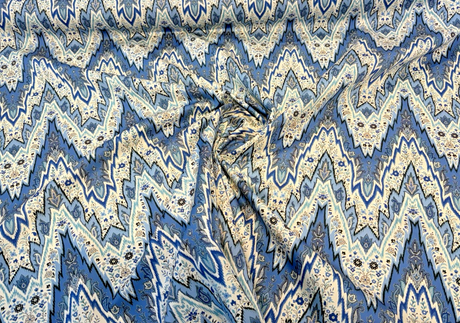 Williamsburg Bray Flamestitch Cotton Fabric - Indigo Blue Flamestitch Chevron With Paisley Floral, 54" Width (1 Yard)