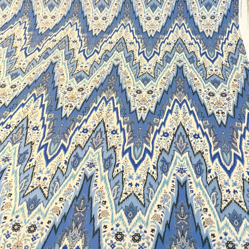 Williamsburg Bray Flamestitch Cotton Fabric - Indigo Blue Flamestitch Chevron With Paisley Floral, 54" Width (1 Yard)