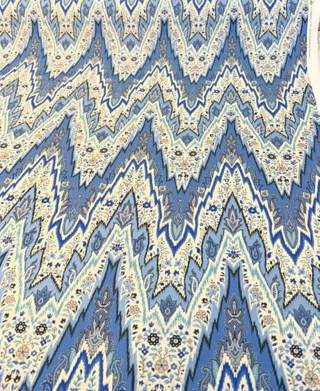 Williamsburg Bray Flamestitch Cotton Fabric - Indigo Blue Flamestitch Chevron With Paisley Floral, 54" Width (1 Yard)