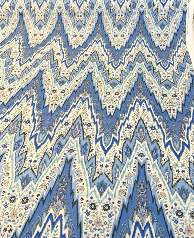 Williamsburg Bray Flamestitch Cotton Fabric - Indigo Blue Flamestitch Chevron With Paisley Floral, 54" Width (1 Yard)