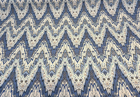 Williamsburg Bray Flamestitch Cotton Fabric - Indigo Blue Flamestitch Chevron With Paisley Floral, 54" Width (1 Yard)