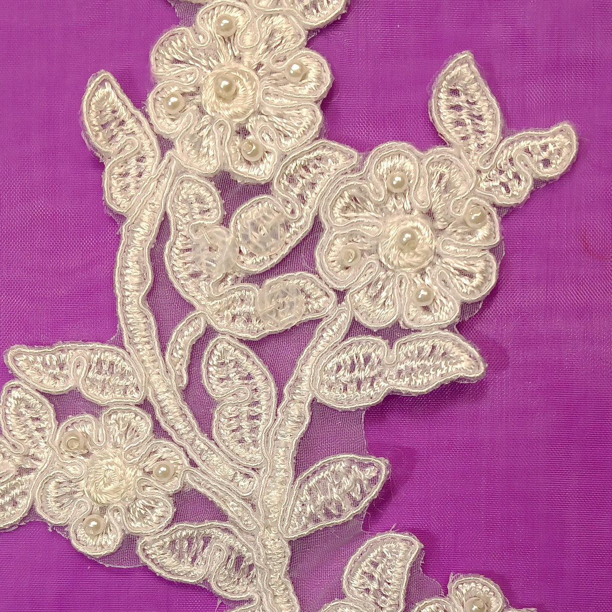 1 Pair Beaded & Corded Floral Lace Applique Embroidered on 100% Polyester Mesh 10" x 3" Each Side
