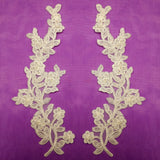 1 Pair Beaded & Corded Floral Lace Applique Embroidered on 100% Polyester Mesh 10" x 3" Each Side
