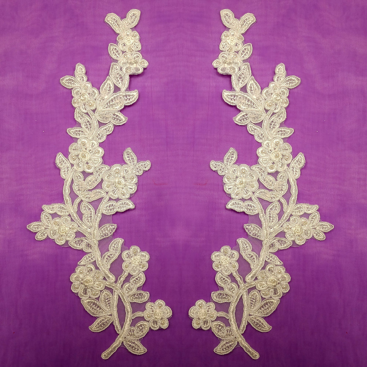 Beaded Corded Floral Lace Applique 10" x 3"
