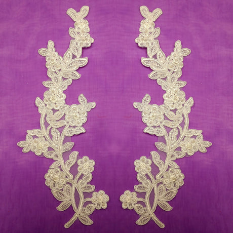 Beaded Corded Floral Lace Applique Embroidered On 100 Percent Polyester Fabric - Floral Embroidery, 10" X 3" Each Side, 4 Colors (1 Pair)