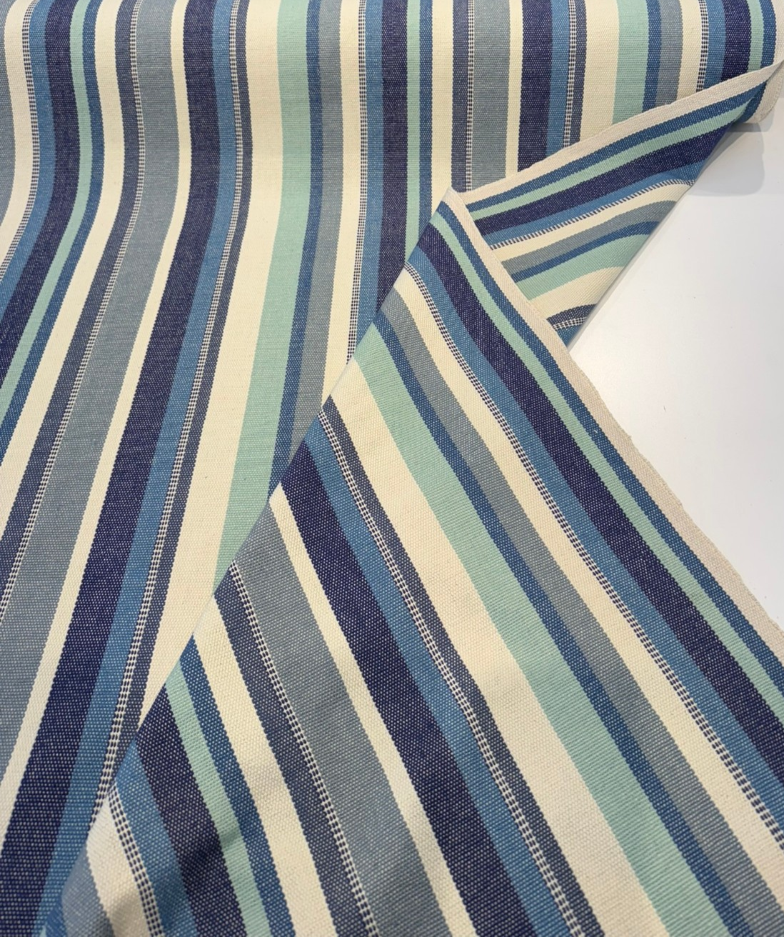 Malabar Stripe Lagoon Blue Cotton Fabric - Sea Green, Shell White, Ocean Blue, Sky Blue, Navy, Stormy Blue Vertical Stripes, 54" Width (1 Yard)