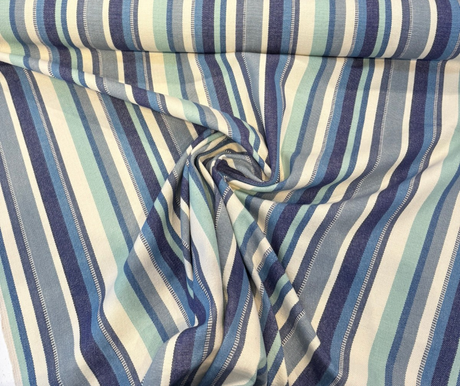 Malabar Stripe Lagoon Blue Cotton Fabric - Sea Green, Shell White, Ocean Blue, Sky Blue, Navy, Stormy Blue Vertical Stripes, 54" Width (1 Yard)