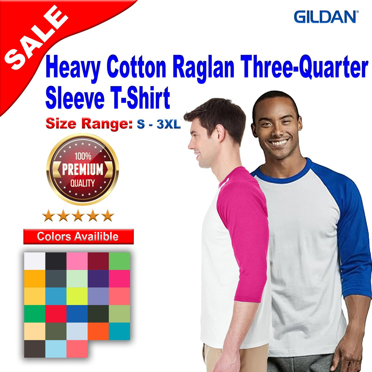 Gildan® Heavy Cotton Raglan Crewneck Three Quarter Sleeve T-Shirt