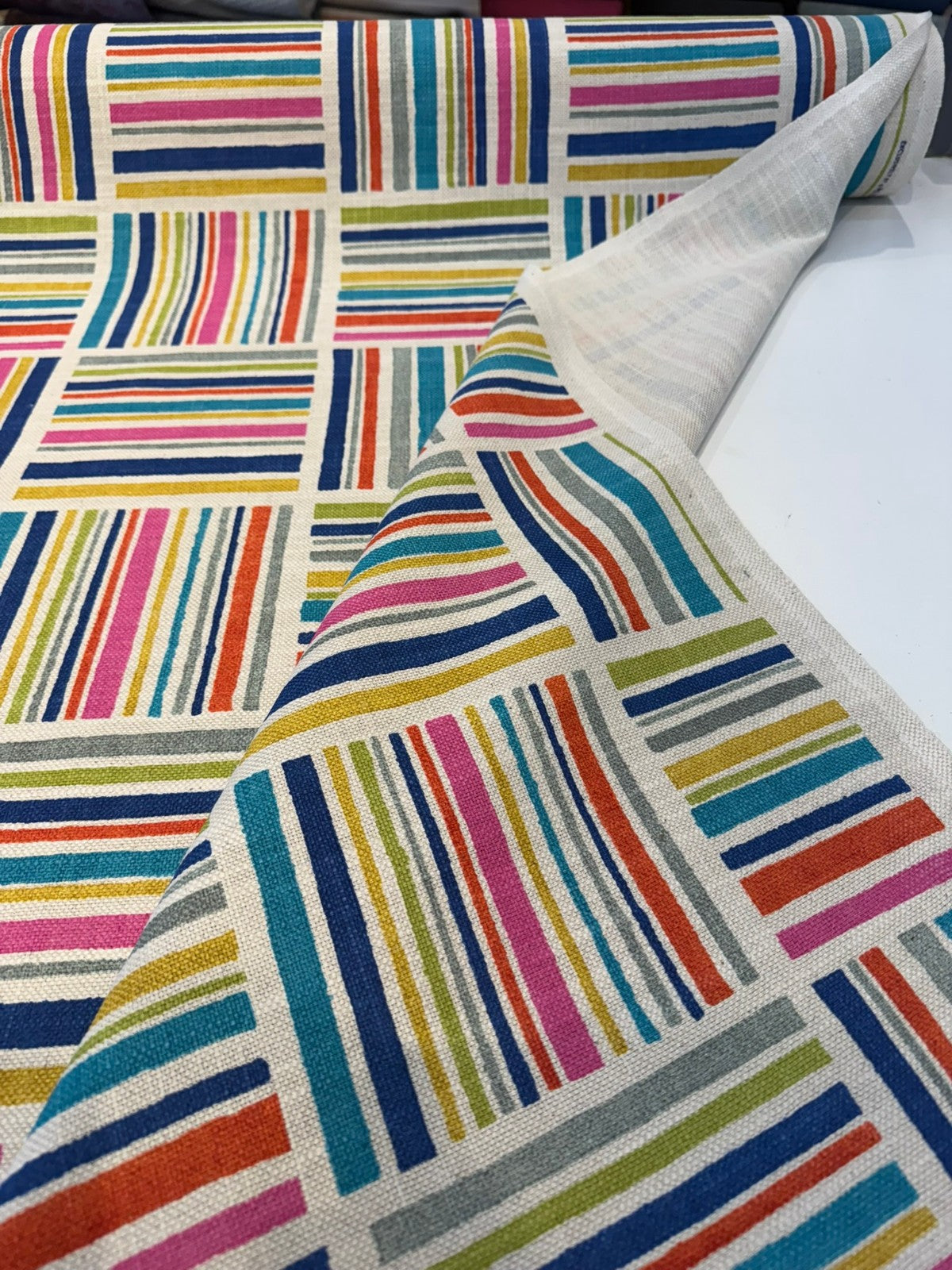Modern Matters Mosaic Cotton Linen Fabric - Multicolor Geometric Stripe, 54" Width (By The Yard)