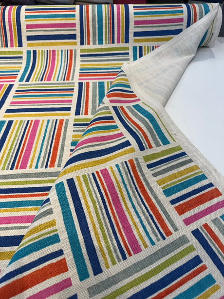 Modern Matters Mosaic Cotton Linen Fabric - Multicolor Geometric Stripe, 54" Width (By The Yard)