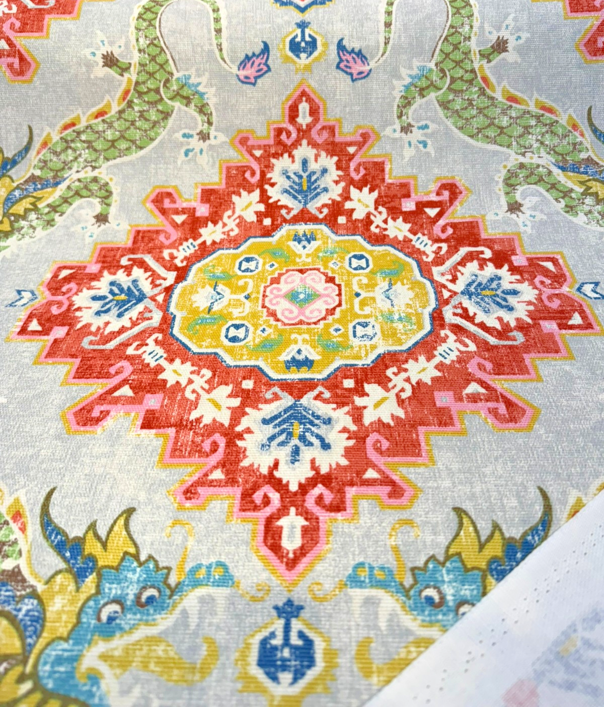 Myth & Medallion Apple Blossom 100 Percent Cotton Fabric - Multicolor Medallion, Dragon And Floral Print, 54" Width (1 Yard)