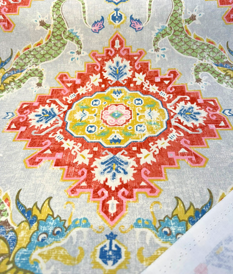 Myth & Medallion Apple Blossom 100 Percent Cotton Fabric - Multicolor Medallion, Dragon And Floral Print, 54" Width (1 Yard)