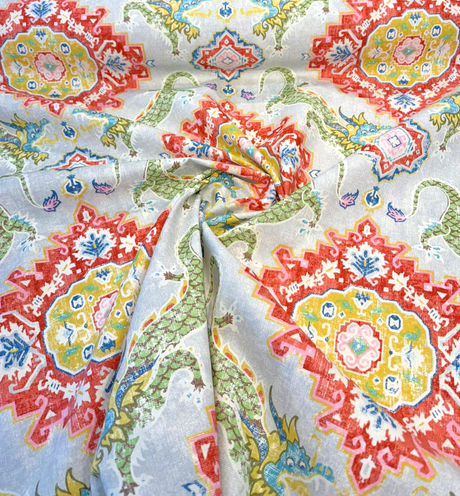 Myth & Medallion Apple Blossom 100 Percent Cotton Fabric - Multicolor Medallion, Dragon And Floral Print, 54" Width (1 Yard)