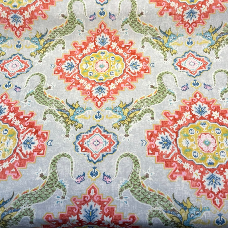 Myth & Medallion Apple Blossom 100 Percent Cotton Fabric - Multicolor Medallion, Dragon And Floral Print, 54" Width (1 Yard)