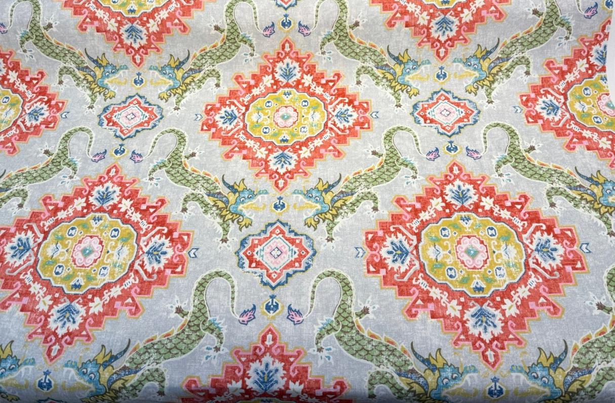 Myth & Medallion Apple Blossom 100 Percent Cotton Fabric - Multicolor Medallion, Dragon And Floral Print, 54" Width (1 Yard)