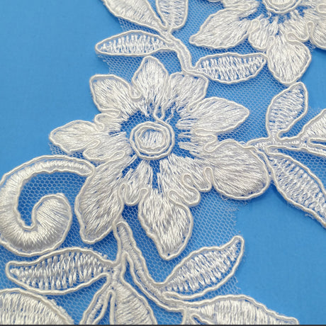 Corded Floral Applique Embroidered 100 Percent Polyester Net Mesh Fabric - Floral Leaf Design, 15" X 4", Off White, White, Off White/Silver Cording (1 Pair)
