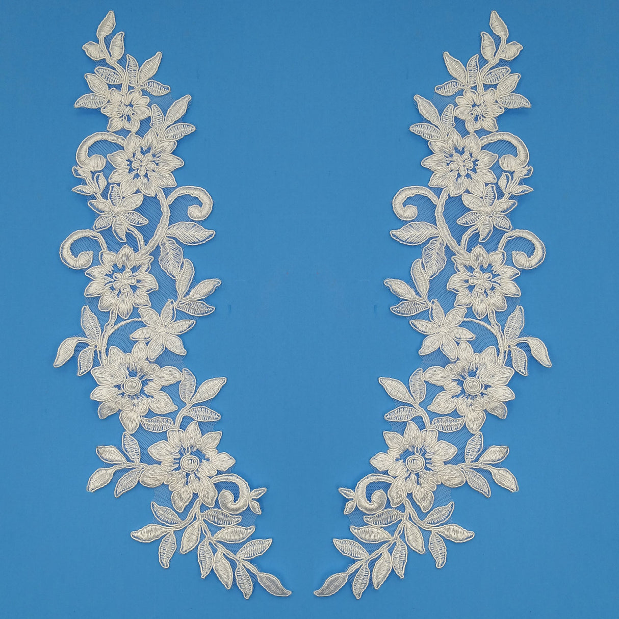 1 Pair 15" x 4" Corded Floral Applique Embroidered on 100% Polyester Net Mesh