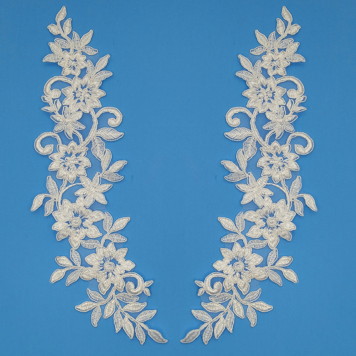 Corded Floral Applique Embroidered 100 Percent Polyester Net Mesh Fabric - Floral Leaf Design, 15" X 4", Off White, White, Off White/Silver Cording (1 Pair)